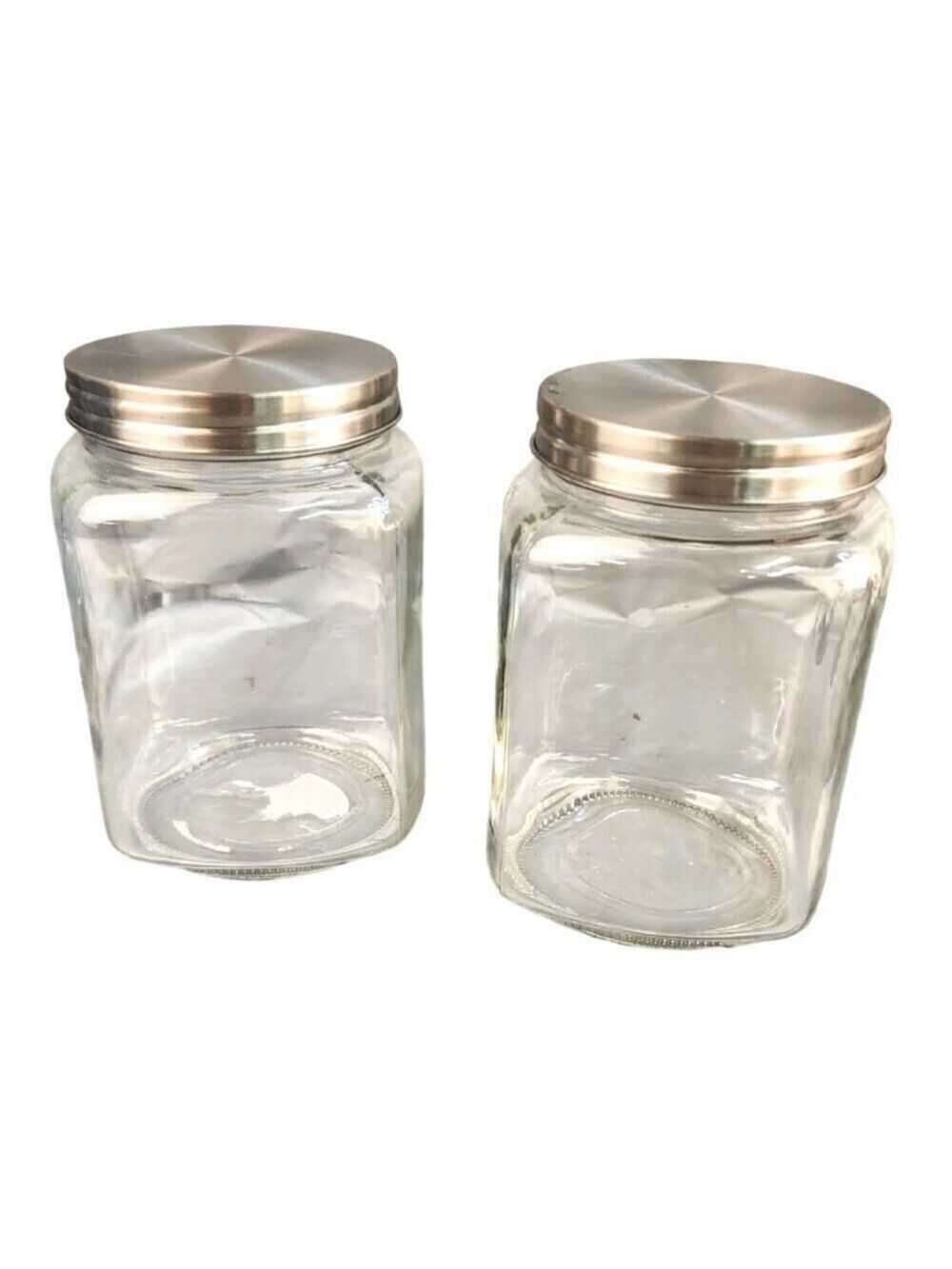 Clear Glass Storage Jars With Stainless Steel Lids - Set Of 2